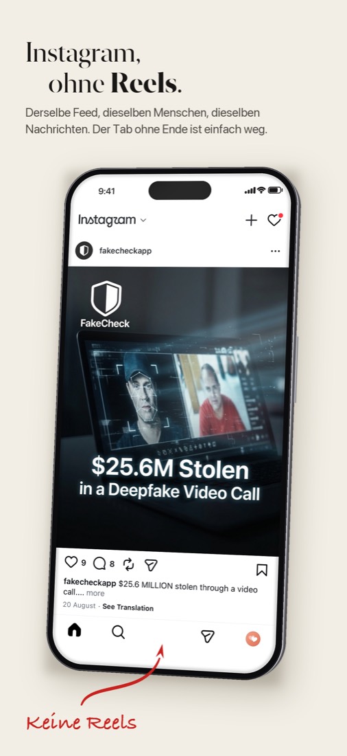 Instagram-Feed in Quiet, ohne Reels-Tab