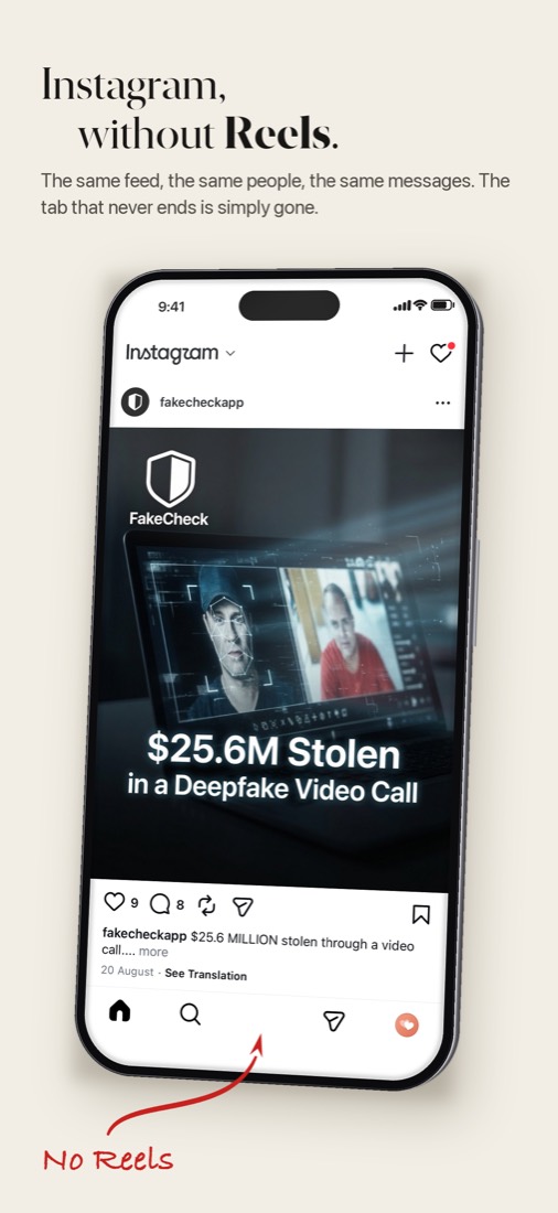 Instagram feed inside Quiet, with no Reels tab