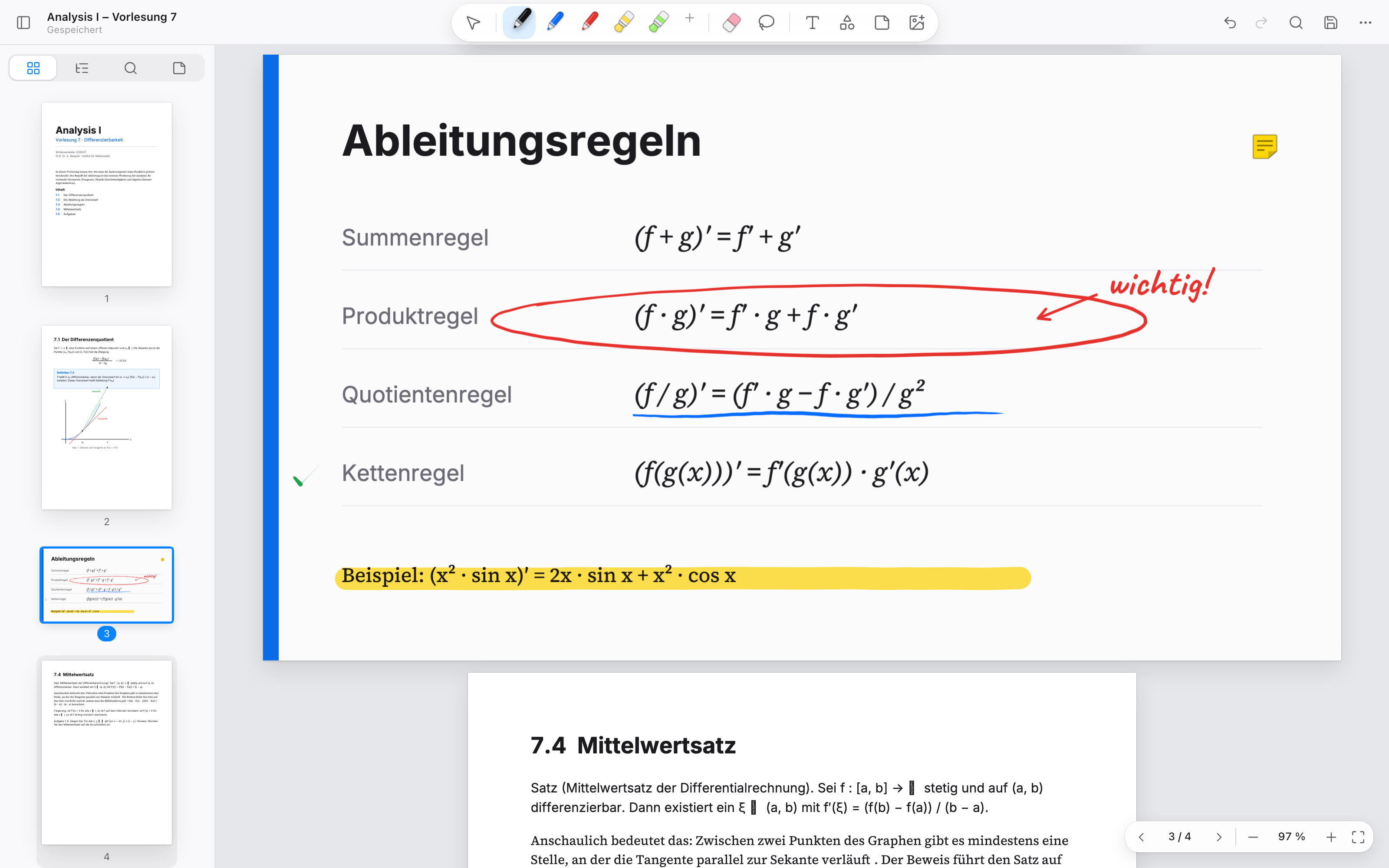 Scribo mit einer annotierten Vorlesungsfolie: roter Kreis, blaue Unterstreichung, gelber Textmarker und eine Notiz