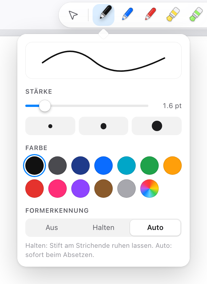 Favoriten-Leiste mit Stift-Einstellungen: Stärke, Farbe, Formerkennung