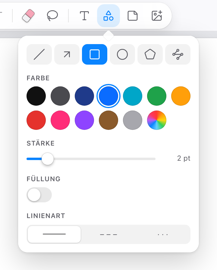 Formen-Auswahl mit Farbe, Stärke, Füllung und Linienart